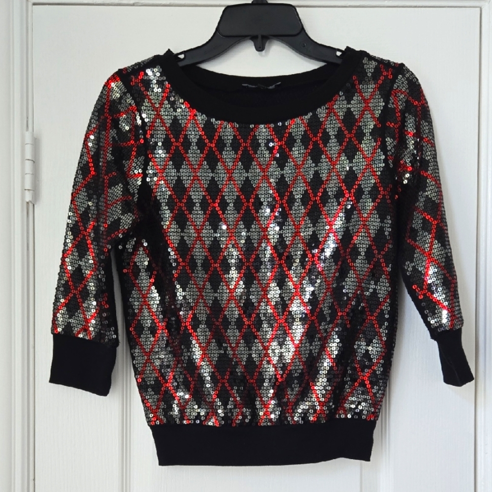 Express Vintage Black Sequin Sweater - Red Black And Silver Argyle - Size XS